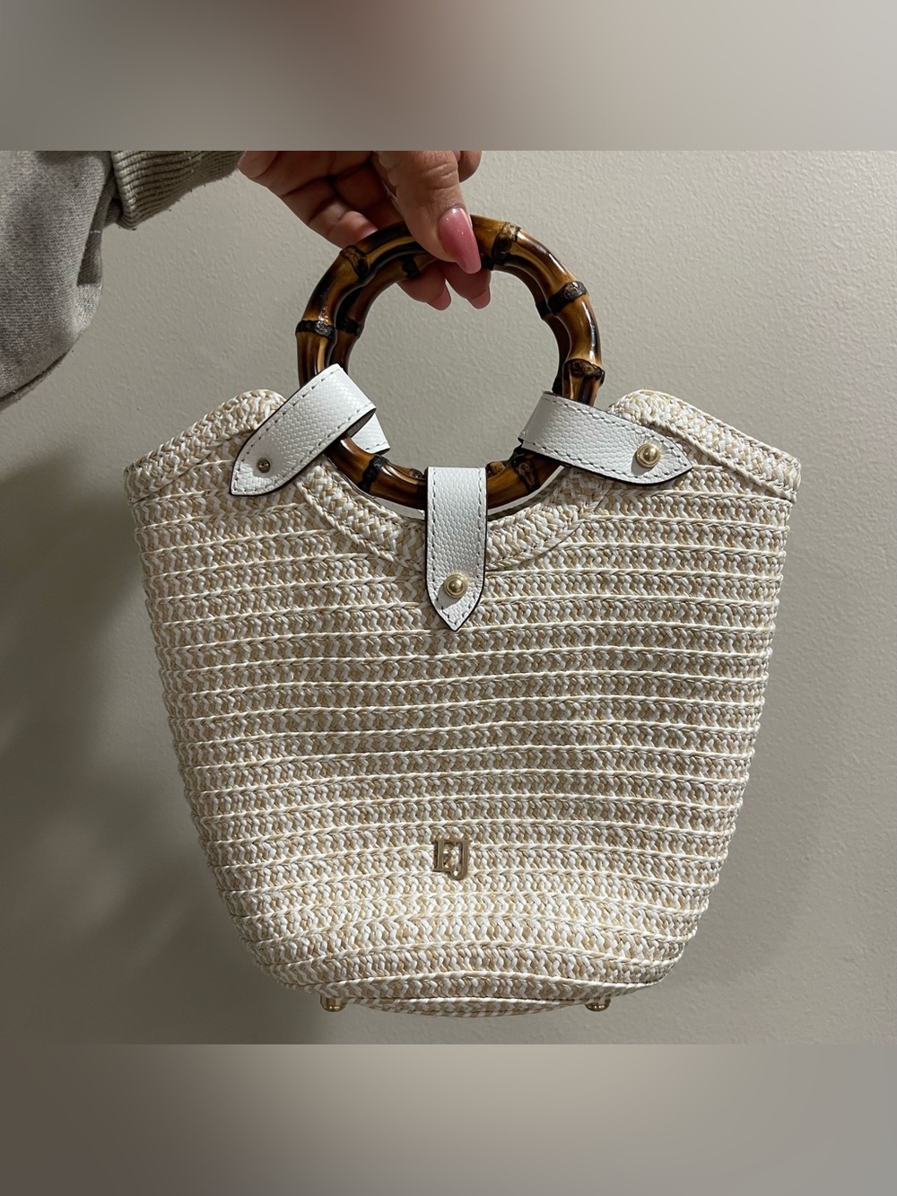 Eric Javits Mini My Way Squishee Straw Bucket Bag In White Mix